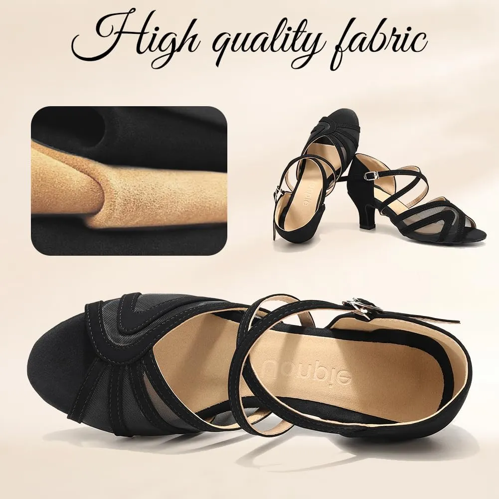 Women's Latin Ballroom Dance Shoes Mesh Open Toe Salsa Shoes 2 Inch Heel, Black