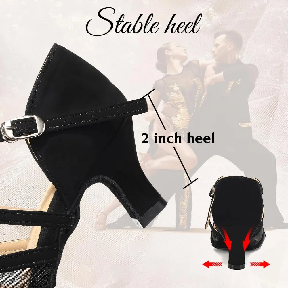Women's Latin Ballroom Dance Shoes Mesh Open Toe Salsa Shoes 2 Inch Heel, Black