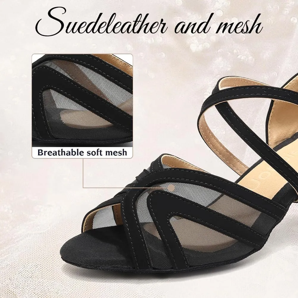 Women's Latin Ballroom Dance Shoes Mesh Open Toe Salsa Shoes 2 Inch Heel, Black