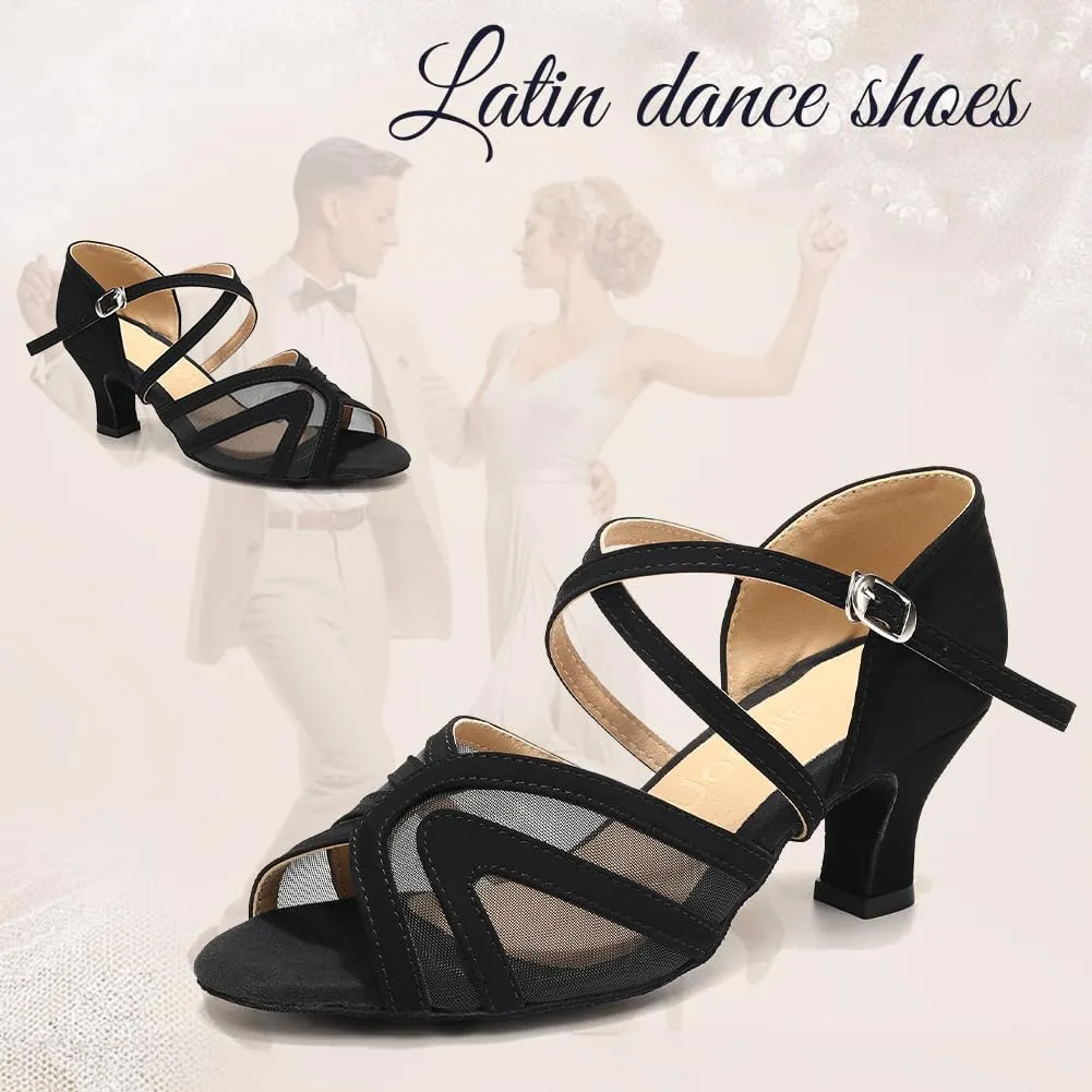 Women's Latin Ballroom Dance Shoes Mesh Open Toe Salsa Shoes 2 Inch Heel, Black