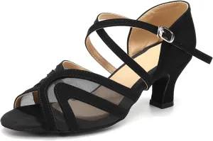 Women's Latin Ballroom Dance Shoes Mesh Open Toe Salsa Shoes 2 Inch Heel, Black