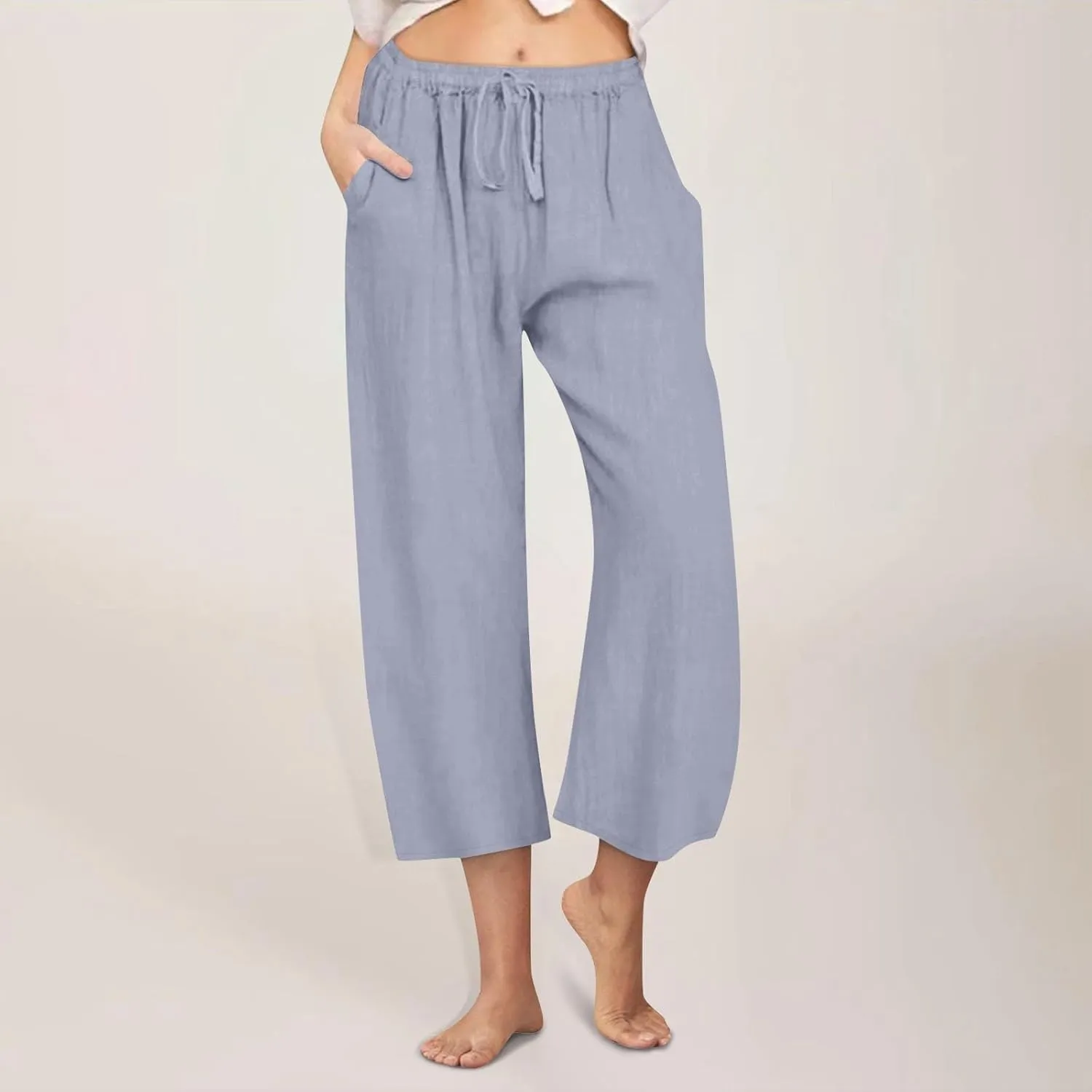 Womens Linen Pants Casual Lightweight Drawstring Elastic Waist Pants Summer Loose Straight Leg Trousers