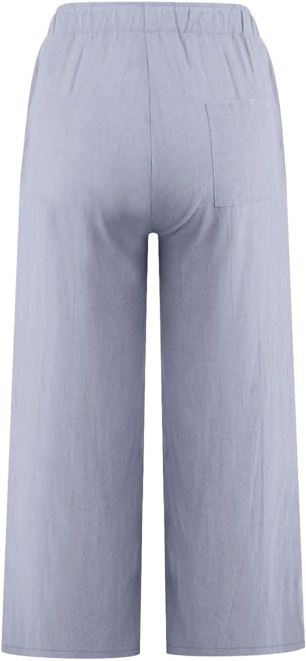 Womens Linen Pants Casual Lightweight Drawstring Elastic Waist Pants Summer Loose Straight Leg Trousers