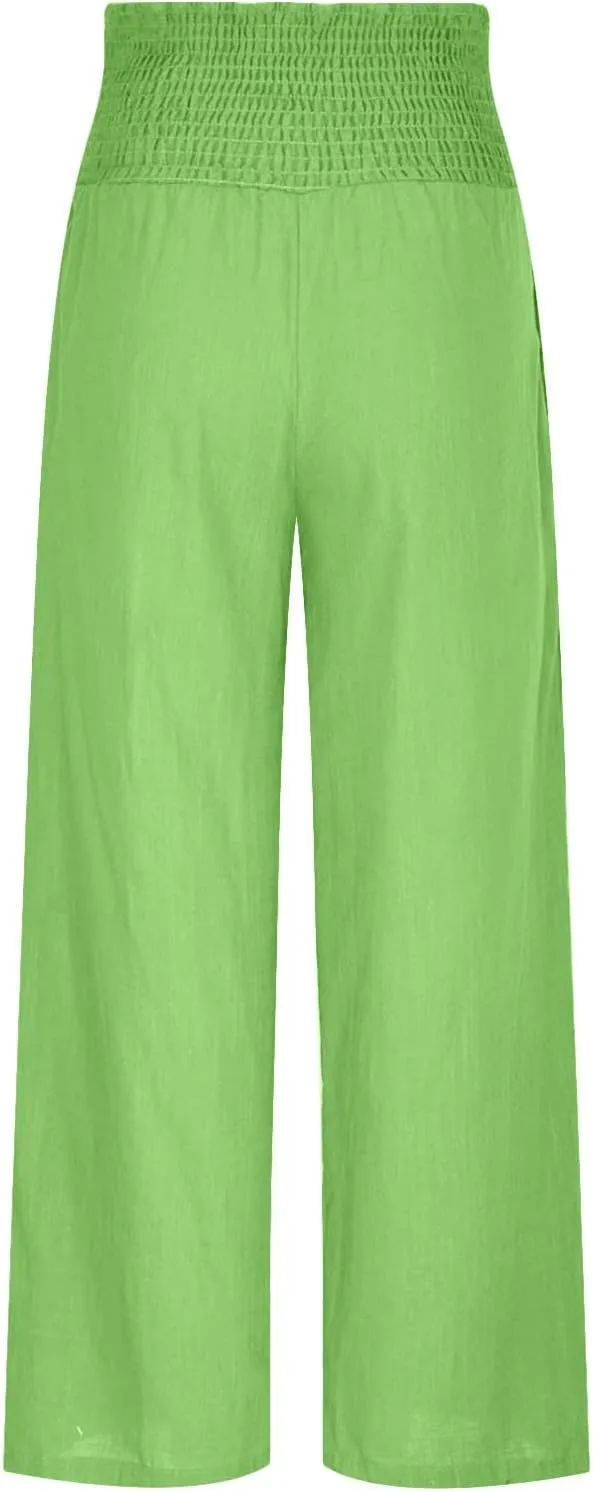 Womens Linen Pants Wide Leg Casual High Waist Solid Color Sports Pants Cotton Linen Summer Trousers with Pockets