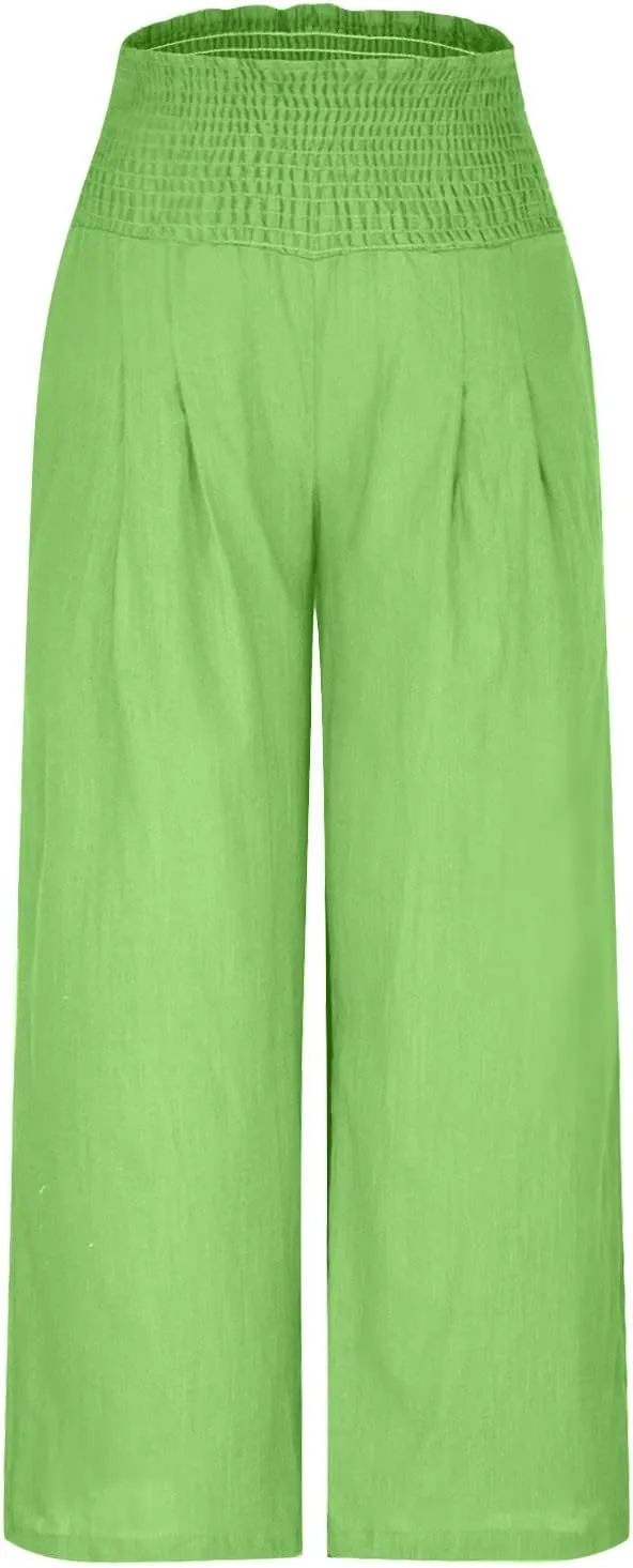 Womens Linen Pants Wide Leg Casual High Waist Solid Color Sports Pants Cotton Linen Summer Trousers with Pockets