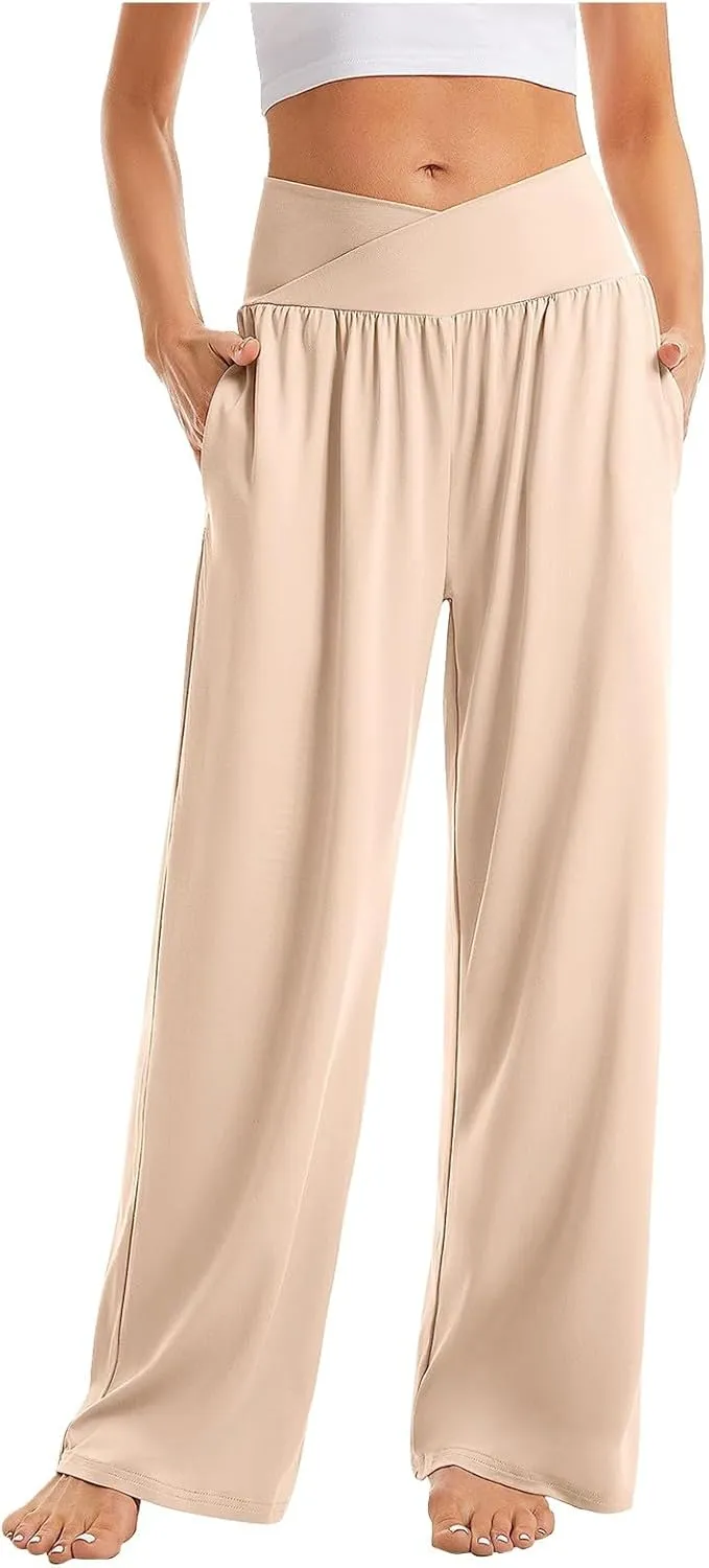 Womens Lounge Pants with Pockets Soft Wide Leg Yoga Pants Crossover High Waisted Sweatpants Casual Loose Flowy Pants
