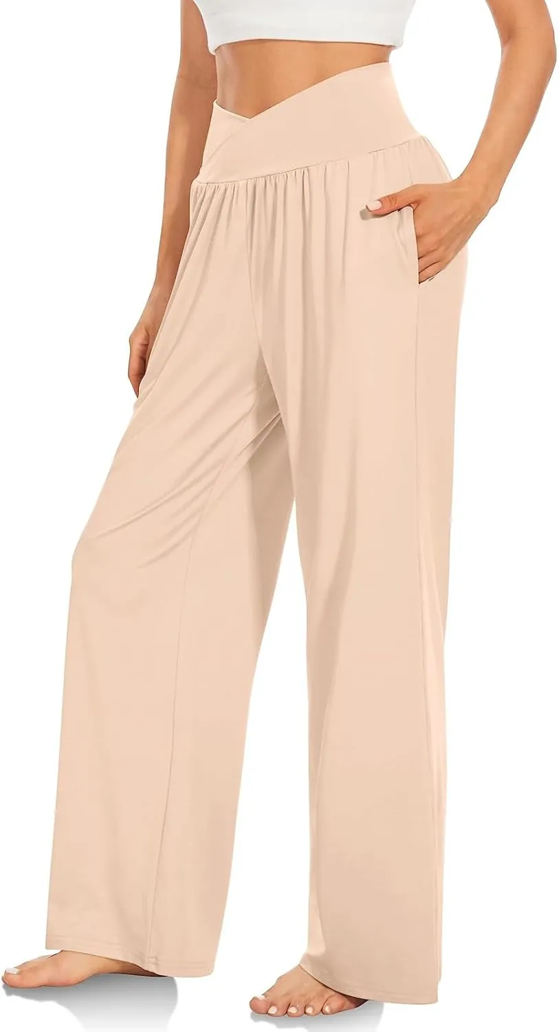Womens Lounge Pants with Pockets Soft Wide Leg Yoga Pants Crossover High Waisted Sweatpants Casual Loose Flowy Pants