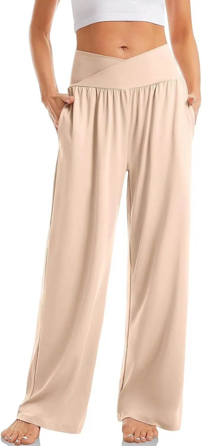Womens Lounge Pants with Pockets Soft Wide Leg Yoga Pants Crossover High Waisted Sweatpants Casual Loose Flowy Pants