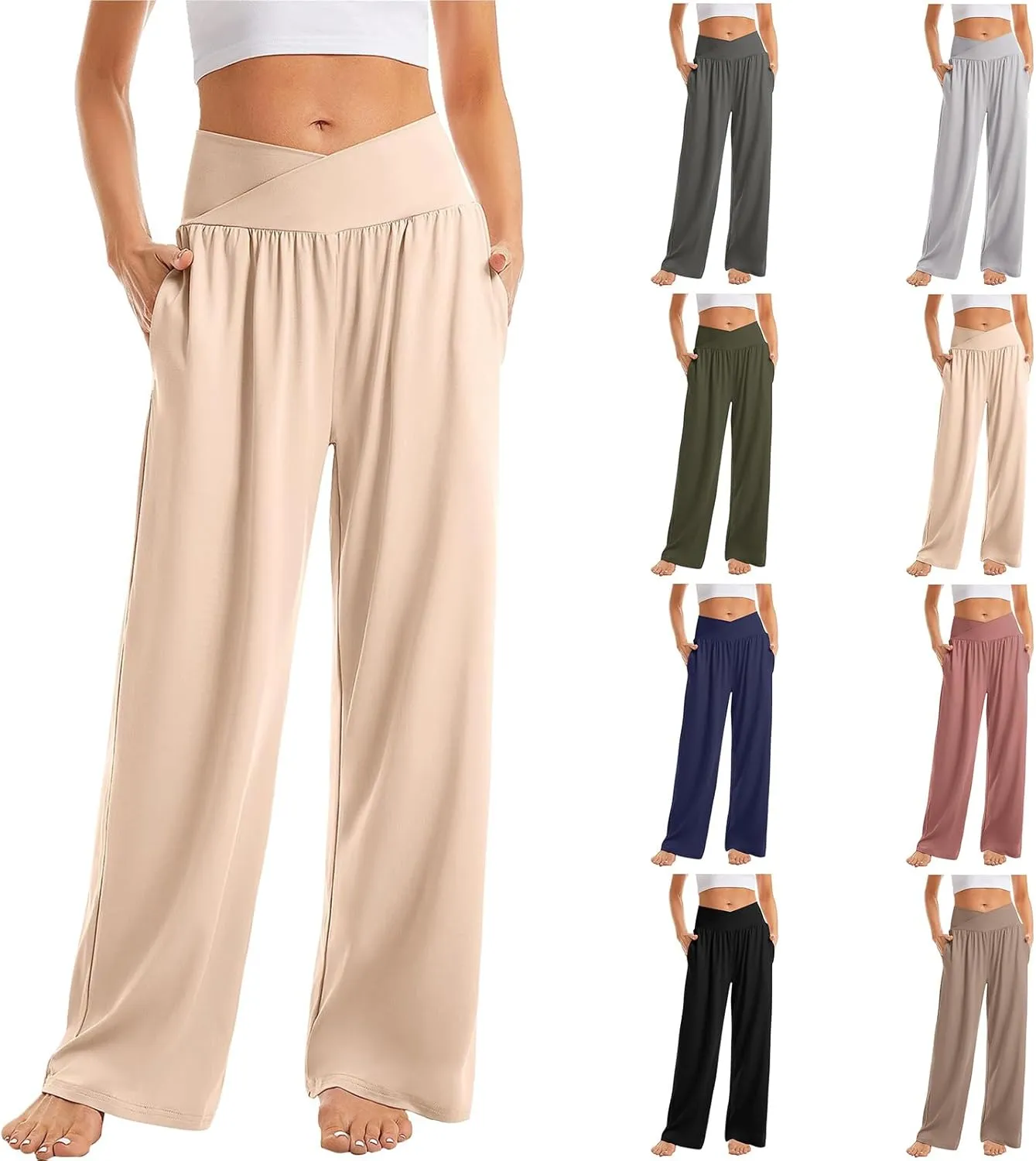 Womens Lounge Pants with Pockets Soft Wide Leg Yoga Pants Crossover High Waisted Sweatpants Casual Loose Flowy Pants