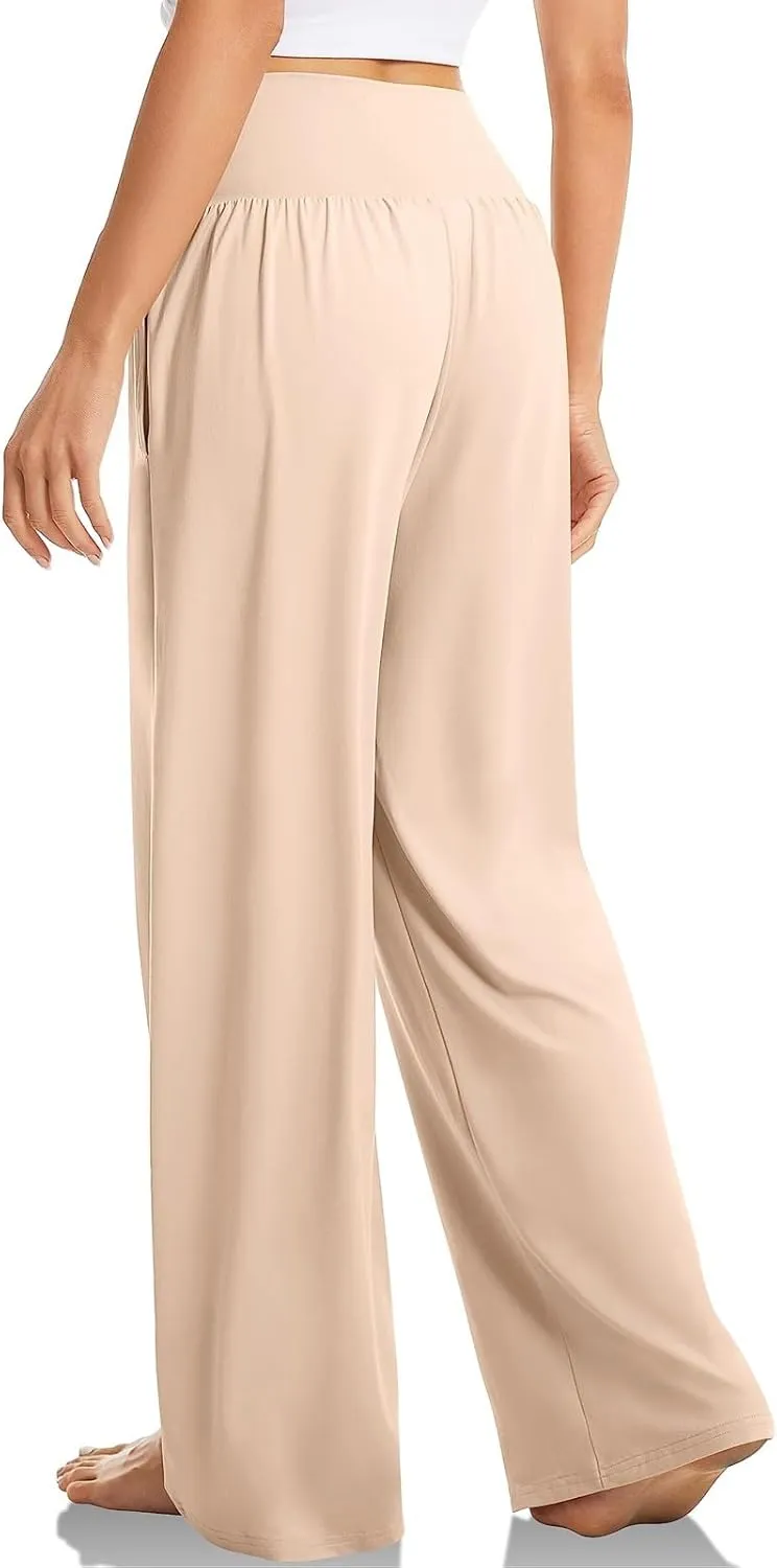 Womens Lounge Pants with Pockets Soft Wide Leg Yoga Pants Crossover High Waisted Sweatpants Casual Loose Flowy Pants