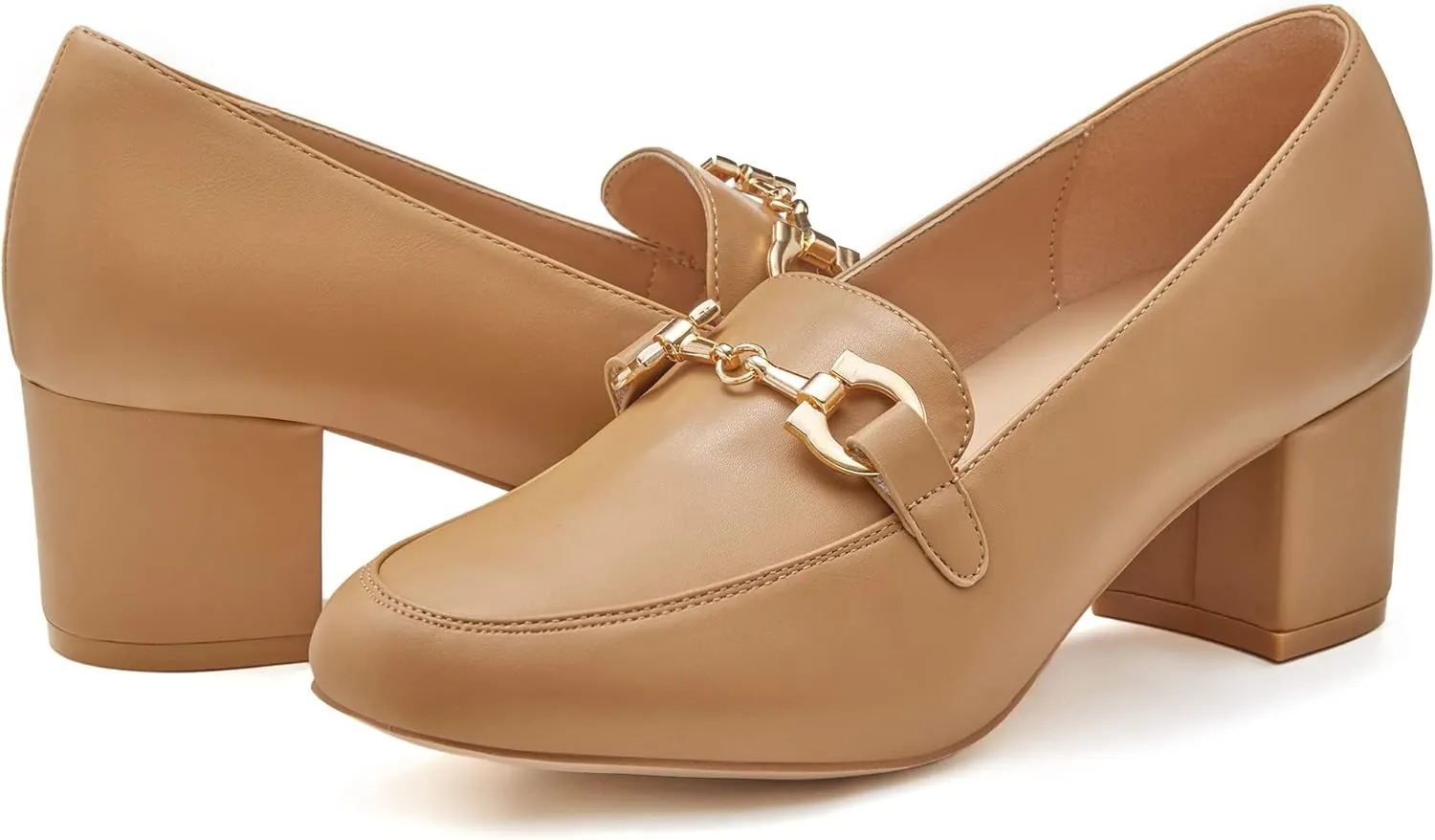 Women's Low Block Heel Pumps Slip On Chain Chunky Heel Closed Square Toe Comfortable Patent Leather Loafers Casual Dressy Business Office Work Shoes