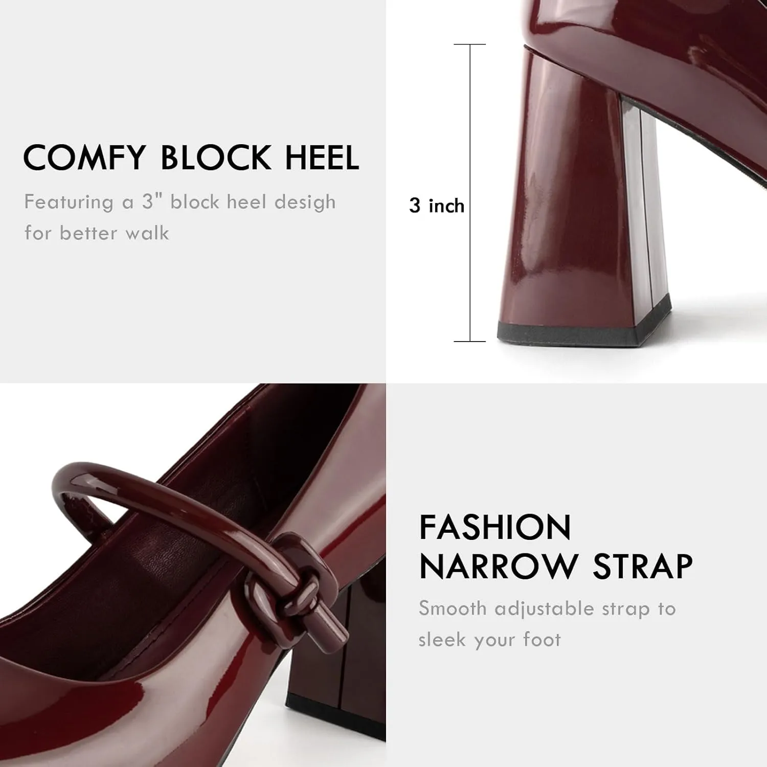 Women's Mary Jane Closed Square Toe Shoes Chunky Block Pump Leather Buckle Strap for Dress Patent Comfort Dress Work