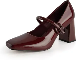 Women's Mary Jane Closed Square Toe Shoes Chunky Block Pump Leather Buckle Strap for Dress Patent Comfort Dress Work