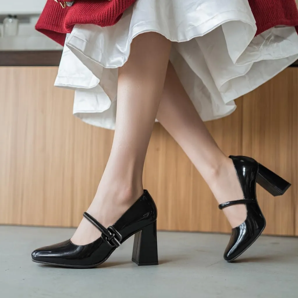 Women's Mary Jane Closed Square Toe Shoes Chunky Block Pump Leather Buckle Strap for Dress Patent Comfort Dress Work