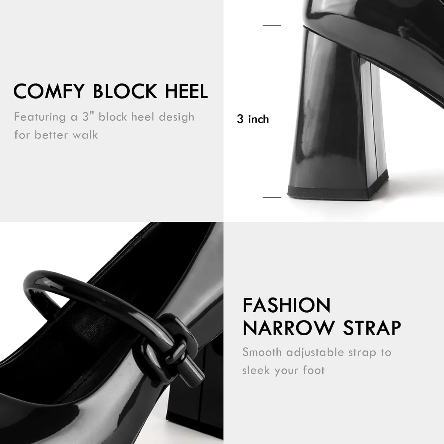 Women's Mary Jane Closed Square Toe Shoes Chunky Block Pump Leather Buckle Strap for Dress Patent Comfort Dress Work