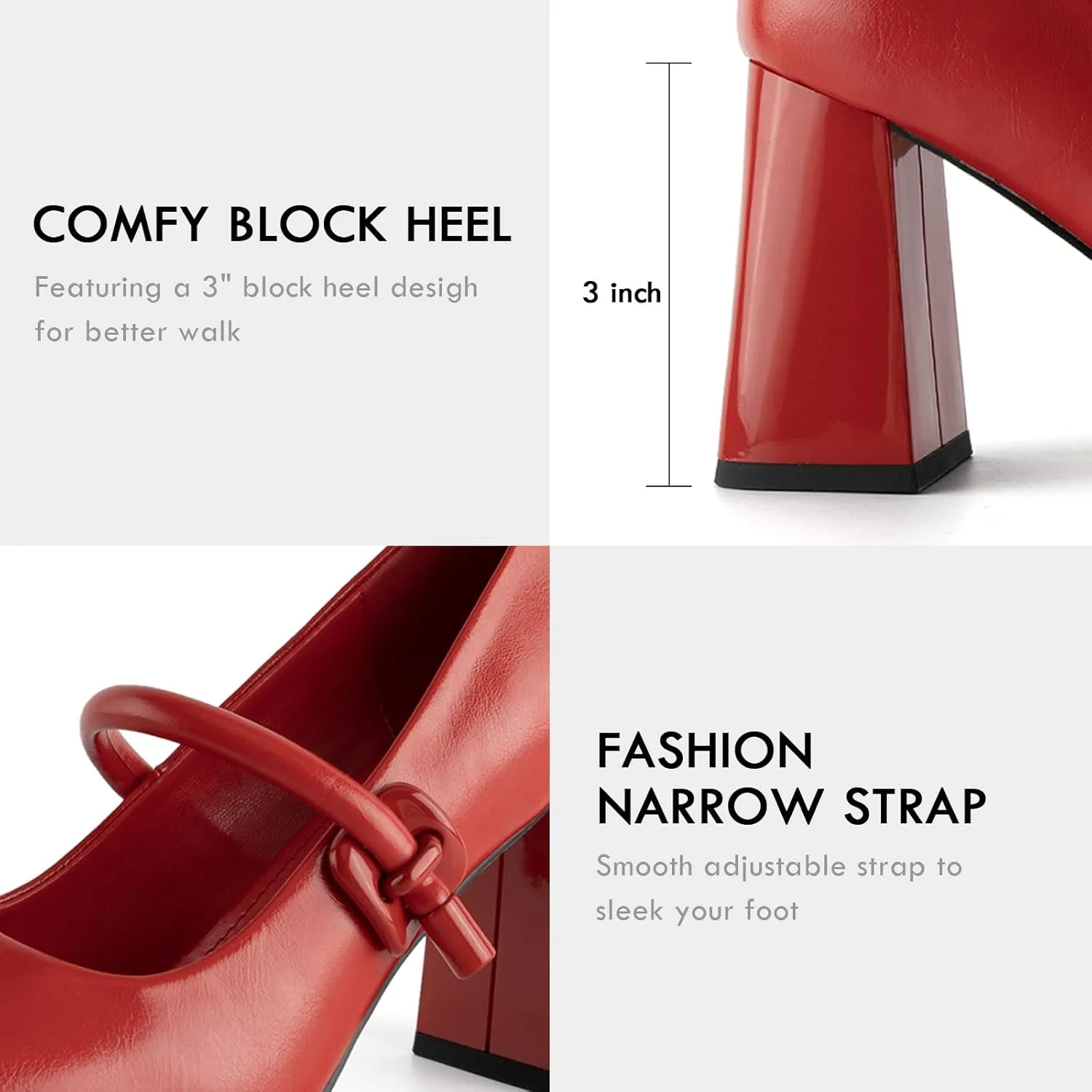 Women's Mary Jane Closed Square Toe Shoes Chunky Block Pump Leather Buckle Strap for Dress Patent Comfort Dress Work