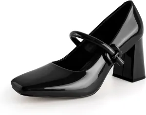 Women's Mary Jane Closed Square Toe Shoes Chunky Block Pump Leather Buckle Strap for Dress Patent Comfort Dress Work