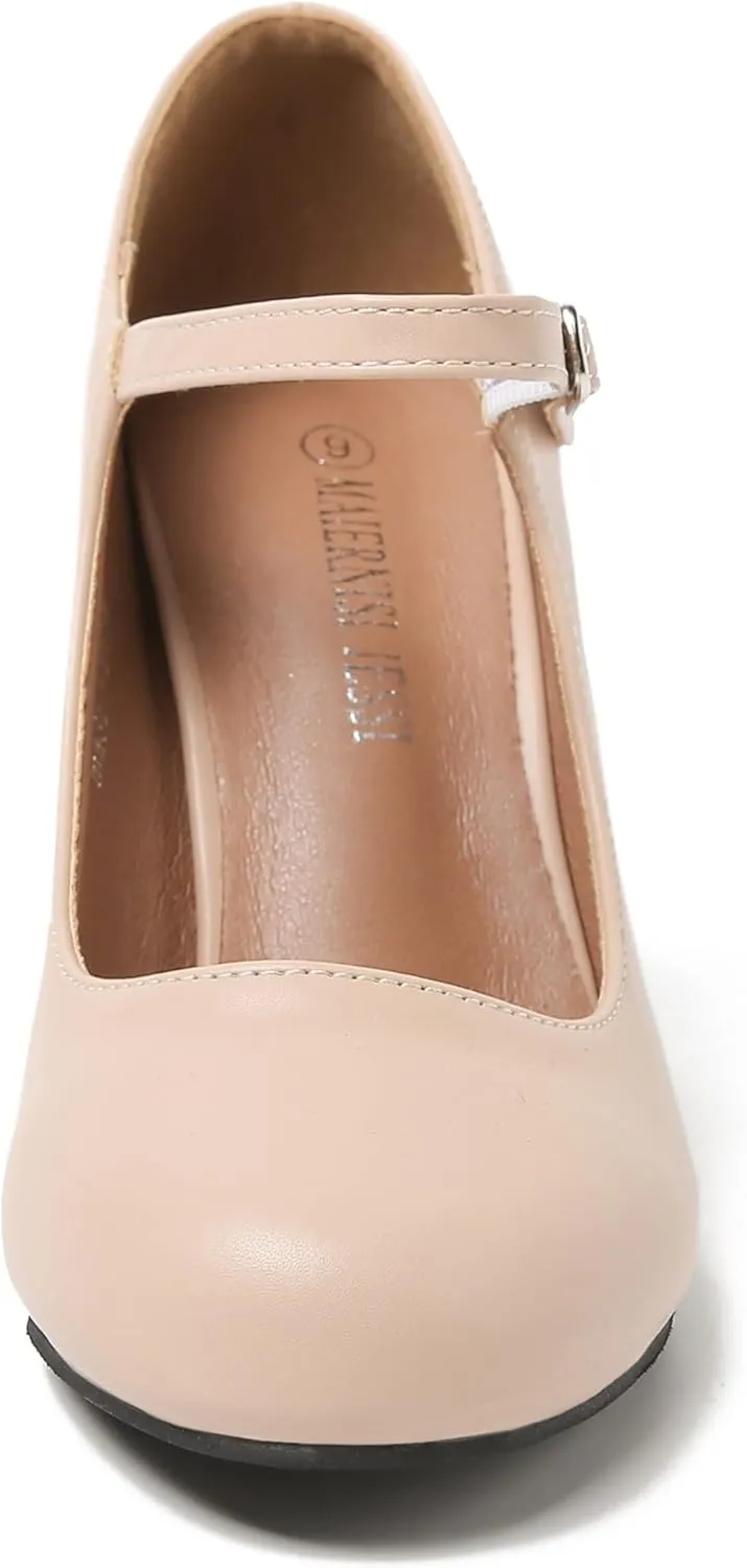 Women's Mary Jane Heels Closed Toe Chunky Heel Round Toe Block High Heel Pumps