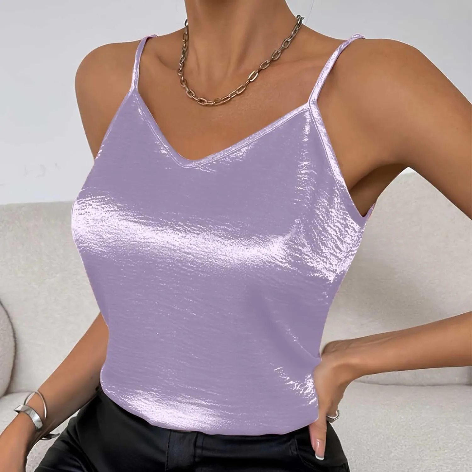 Womens Metallic Shiny Tank Tops Casual Sexy V Neck Sparkly Cami Top Sleeveless Shirts Y2K Club Party Camisole Blouses