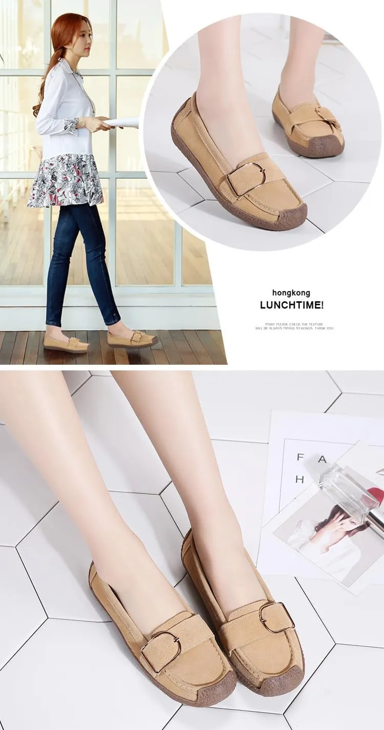 Women's Moccasins Cute Fashion Belt Buckle Decorated Low Top Round Toe Shoes Orthopedic Sandals, Cute Casual Comfortable Lightweight Slip on Shoes, Female Solid All-Match Loafers for Everyday Wear