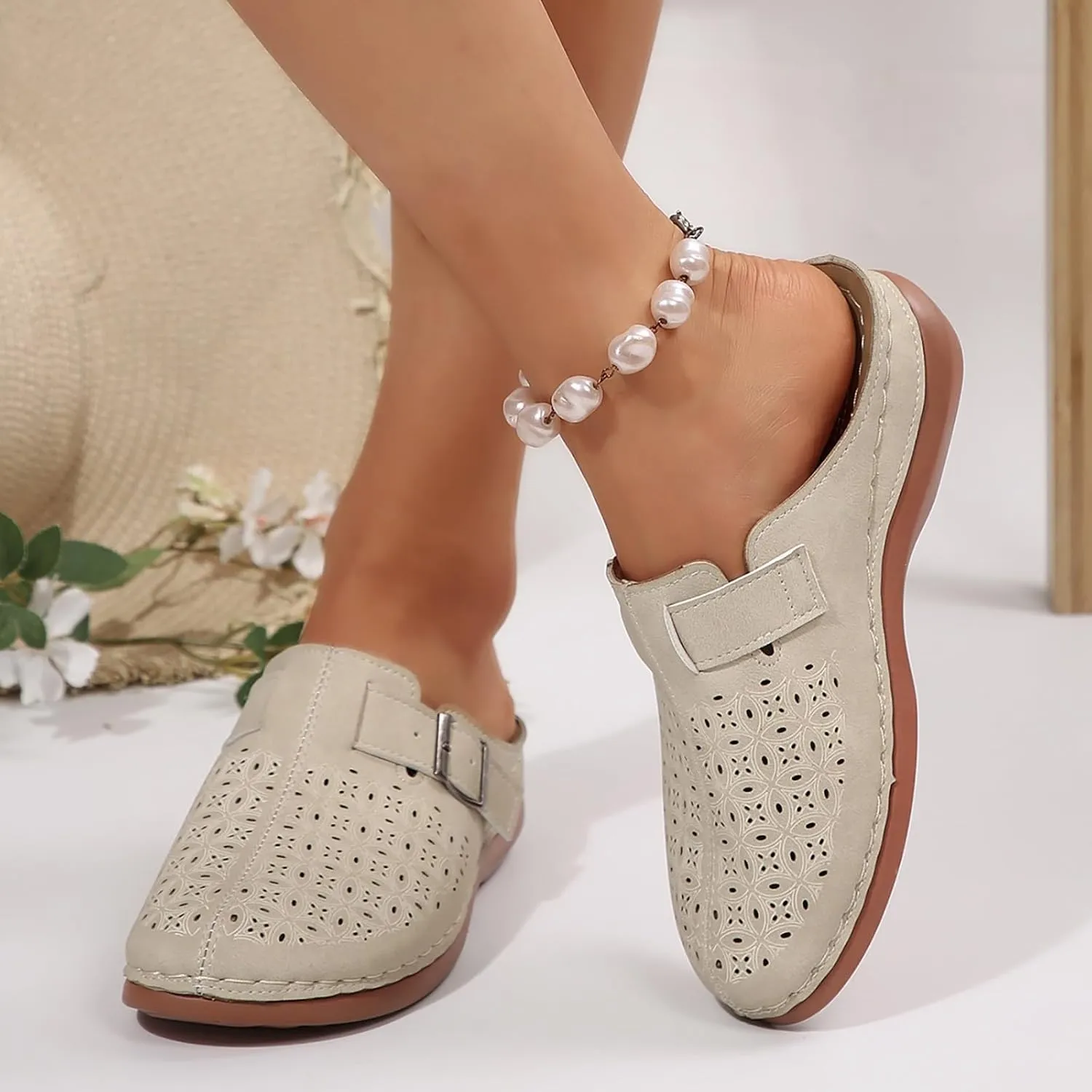Women's Mules & Clogs Metal Buckle Strap Low Wedge Sandals, Hollow Out Breathable Slip on Sandals Closed Toe Orthopedic Slippers for Women All Day Comfort