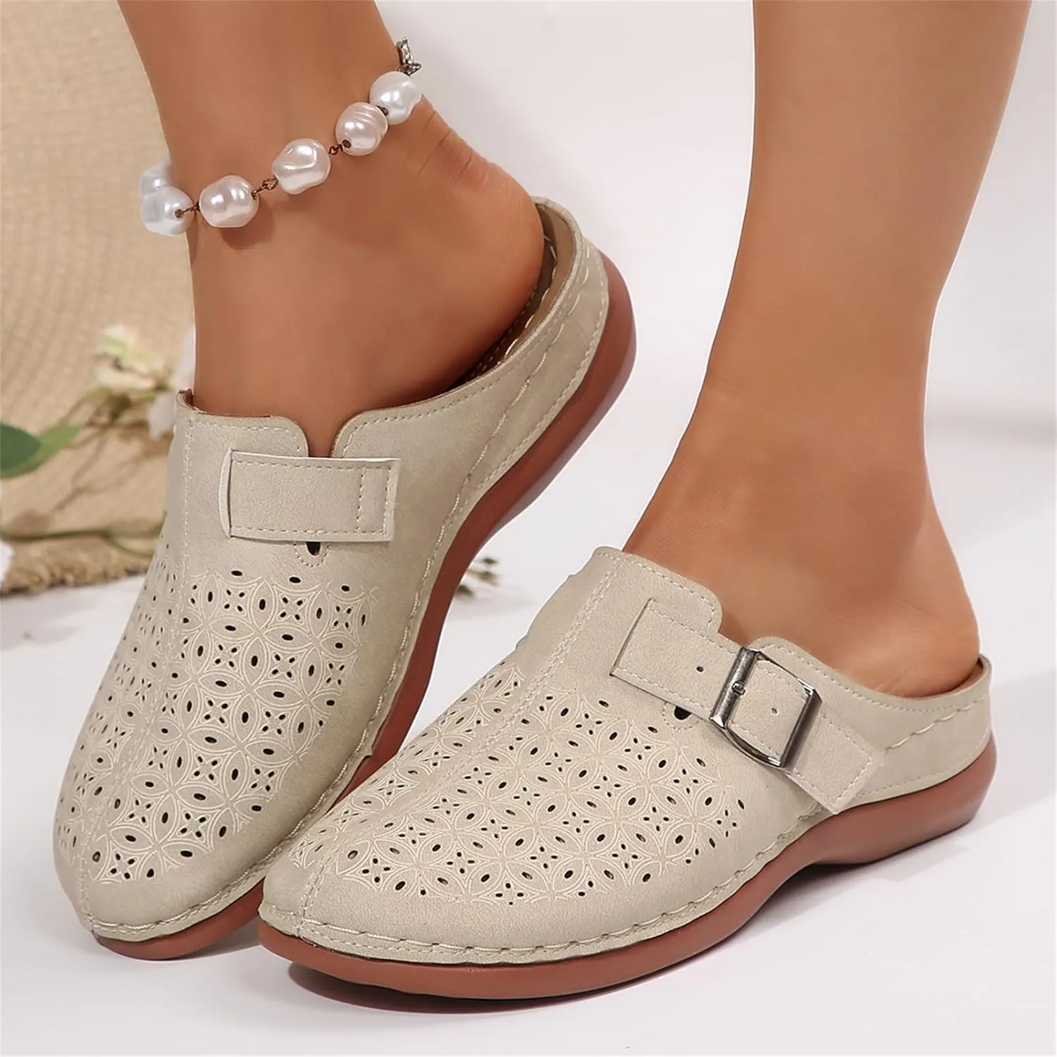 Women's Mules & Clogs Metal Buckle Strap Low Wedge Sandals, Hollow Out Breathable Slip on Sandals Closed Toe Orthopedic Slippers for Women All Day Comfort