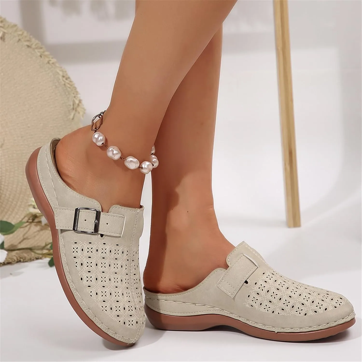 Women's Mules & Clogs Metal Buckle Strap Low Wedge Sandals, Hollow Out Breathable Slip on Sandals Closed Toe Orthopedic Slippers for Women All Day Comfort