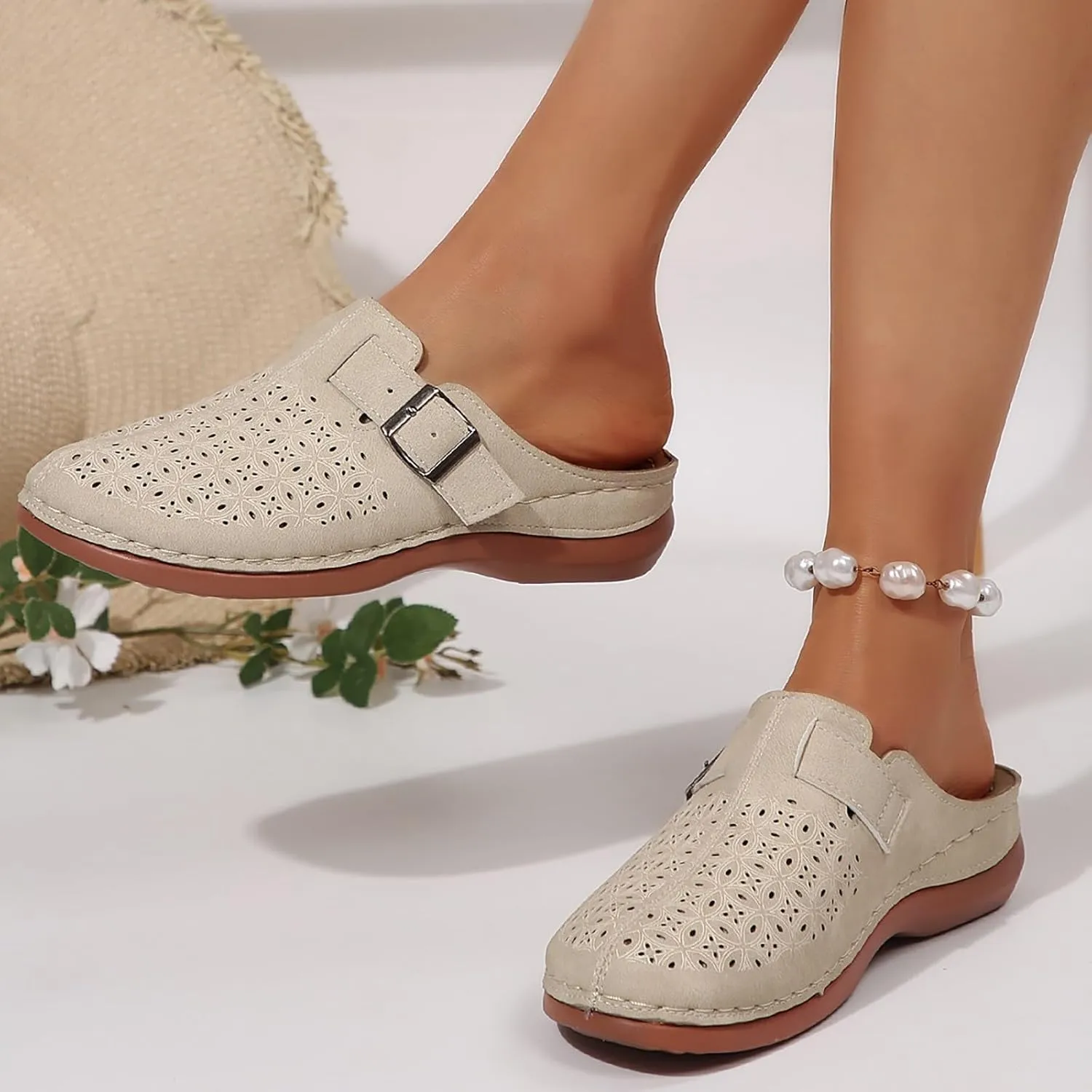Women's Mules & Clogs Metal Buckle Strap Low Wedge Sandals, Hollow Out Breathable Slip on Sandals Closed Toe Orthopedic Slippers for Women All Day Comfort