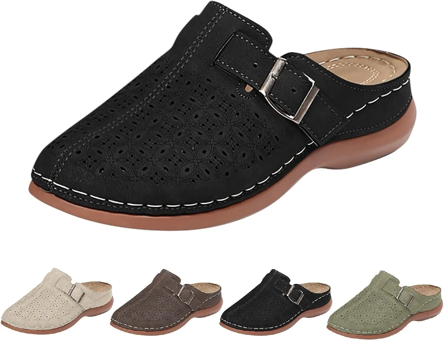 Women's Mules & Clogs Metal Buckle Strap Low Wedge Sandals, Hollow Out Breathable Slip on Sandals Closed Toe Orthopedic Slippers for Women All Day Comfort