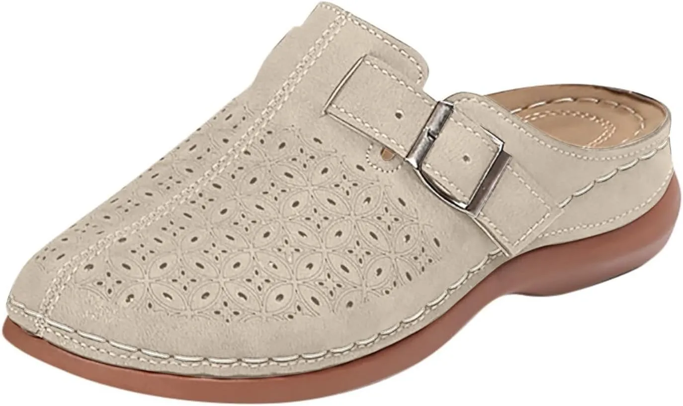 Women's Mules & Clogs Metal Buckle Strap Low Wedge Sandals, Hollow Out Breathable Slip on Sandals Closed Toe Orthopedic Slippers for Women All Day Comfort