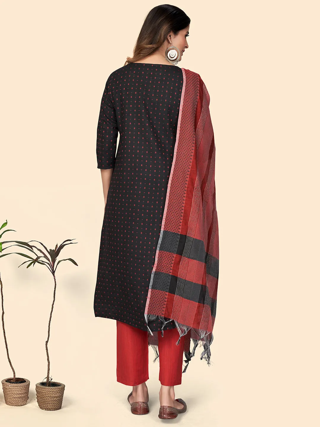 Women'S Print & Sequience Straight Cotton Black Stitched Kurta Pant With Dupatta