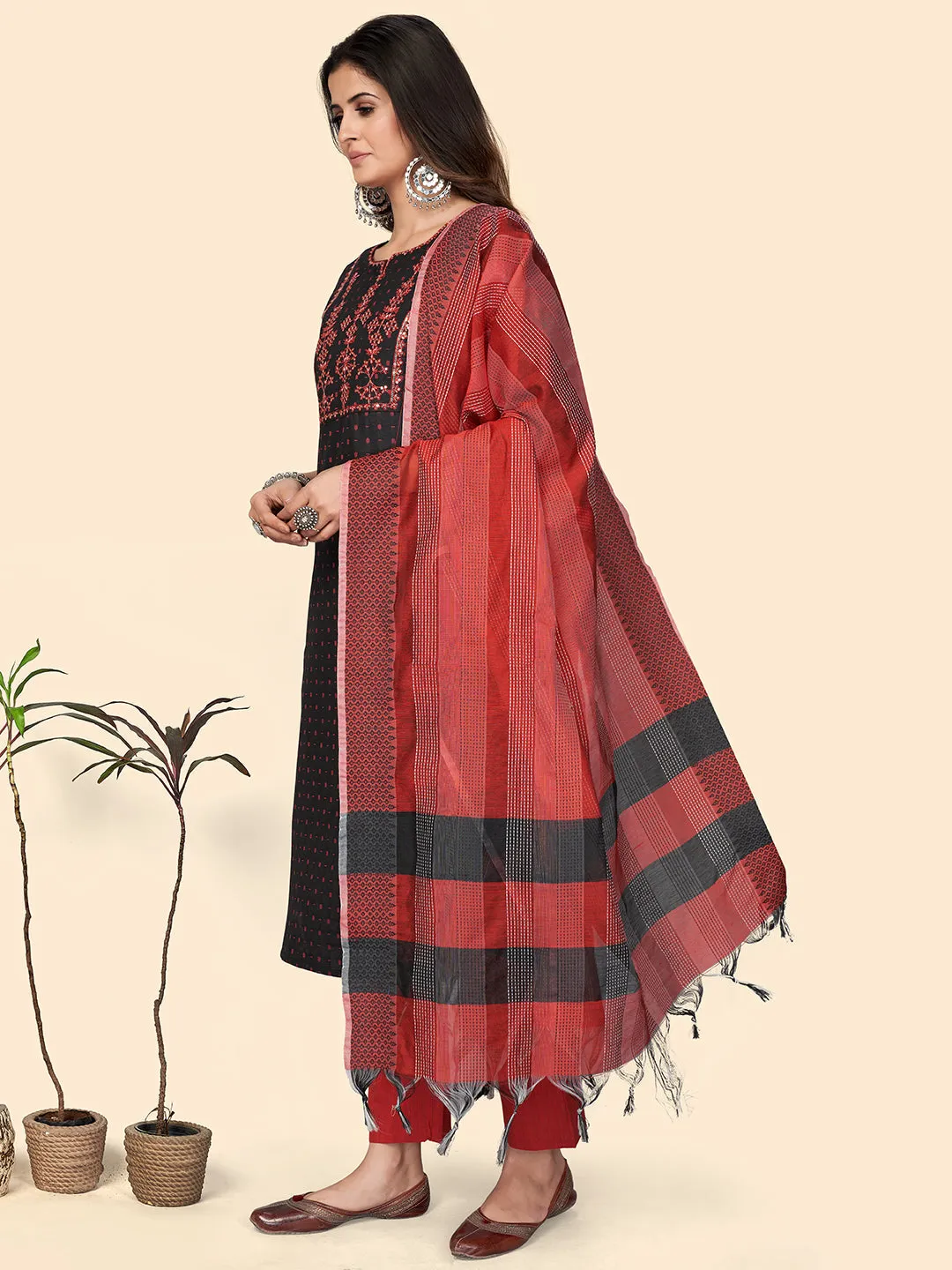Women'S Print & Sequience Straight Cotton Black Stitched Kurta Pant With Dupatta