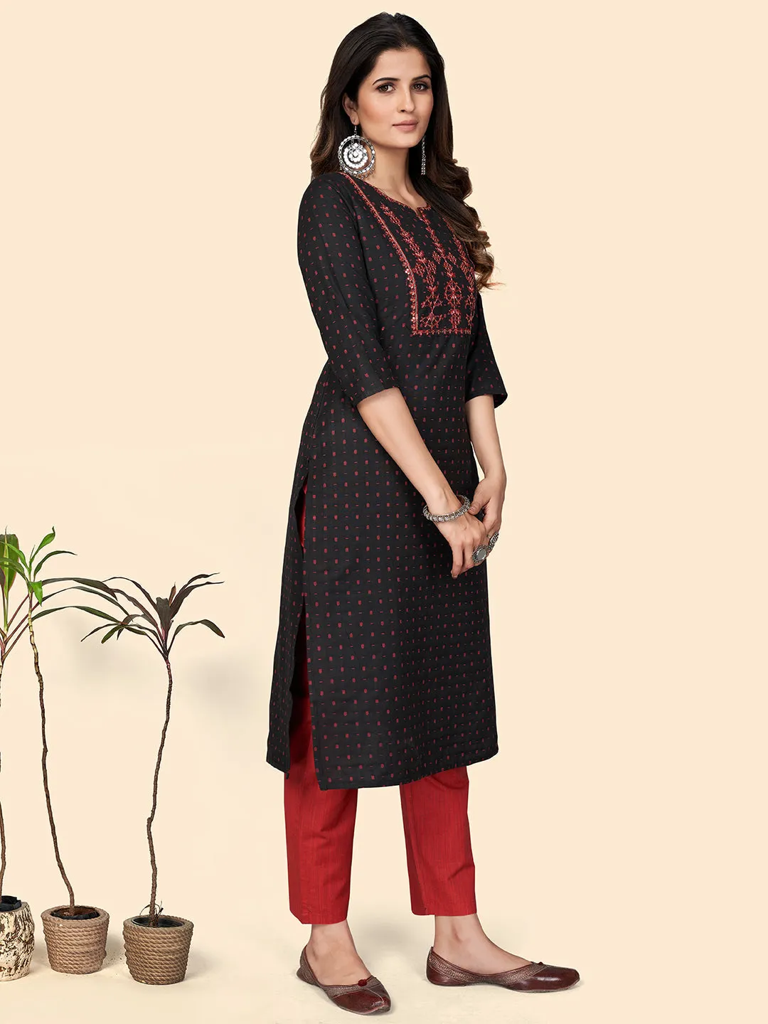 Women'S Print & Sequience Straight Cotton Black Stitched Kurta Pant With Dupatta