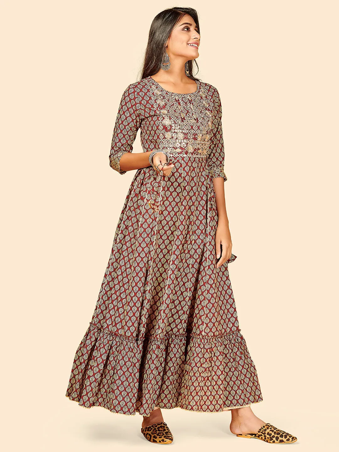 Women'S Printed & Embroidered Anarkali Cotton Marron Stitched Kurta