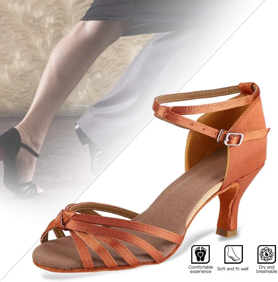 Women's Professional Latin Dance Shoes Satin Ballroom Dance Shoes for Salsa Wedding Heel 2.7 Inches
