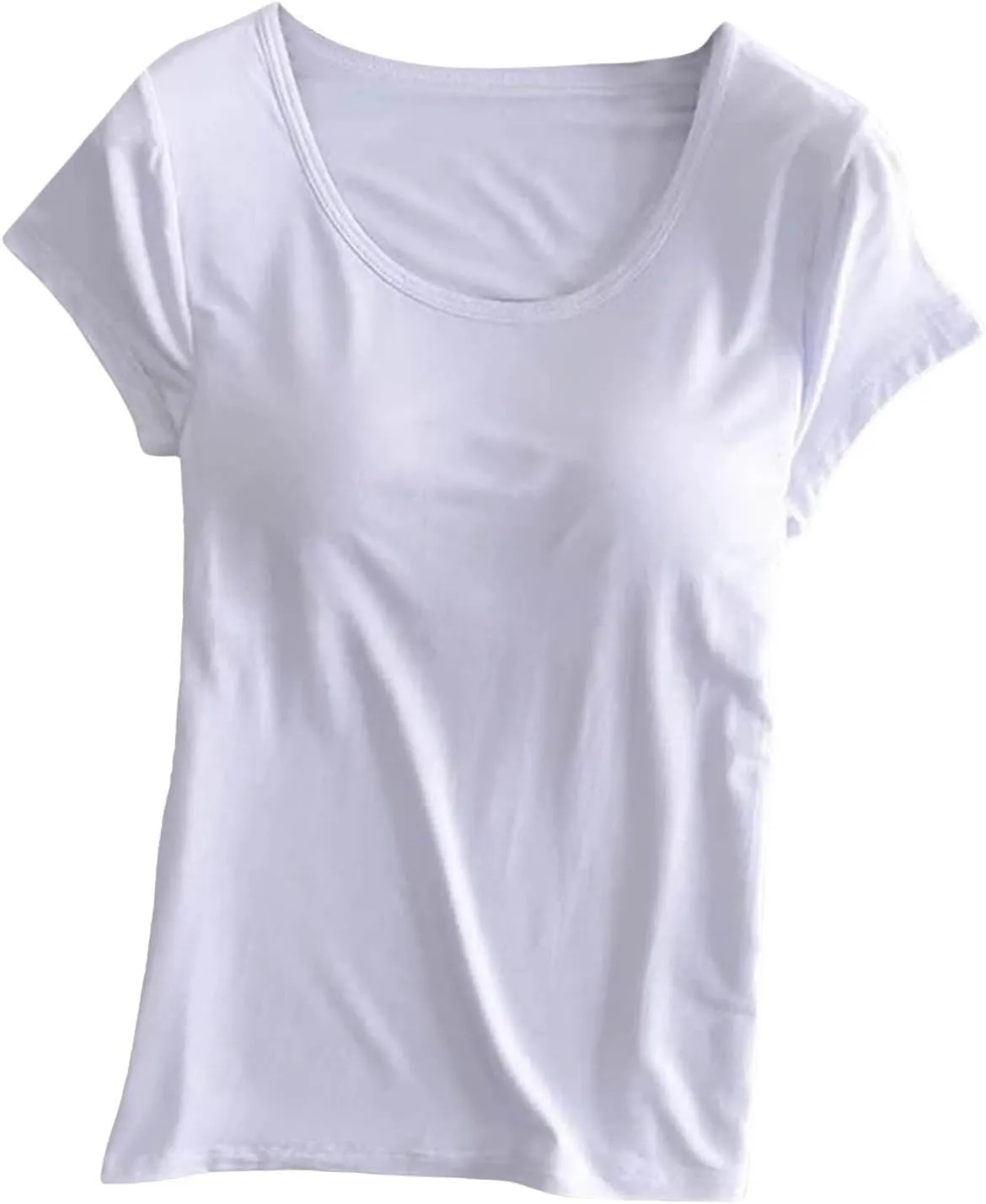 Womens Shirts With Built In Padded Bra Short Sleeves Crewneck Comfy Athletic Shirt Solid Color Shelf Bra Active Tee