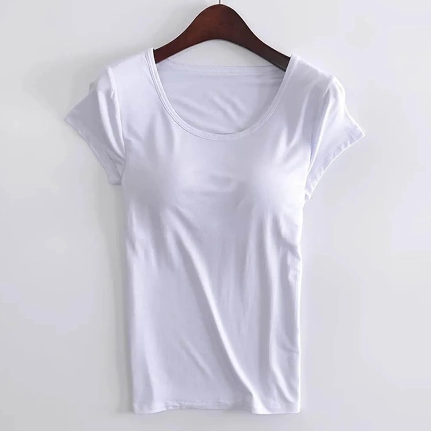 Womens Shirts With Built In Padded Bra Short Sleeves Crewneck Comfy Athletic Shirt Solid Color Shelf Bra Active Tee