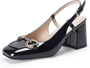 Womens Slingback Block Heels Closed Square Toe Dress Work Shoes Slip on Buckle Strap Business Pumps