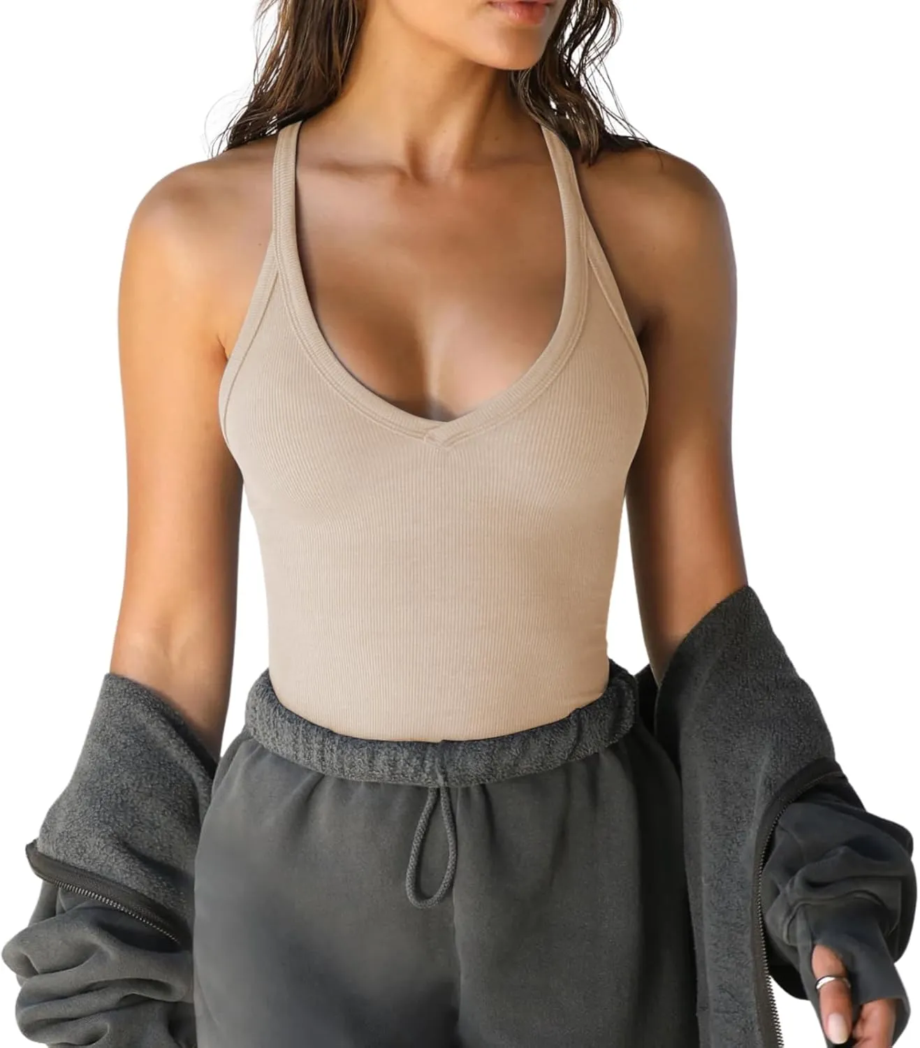 Women's Spaghetti Strap Scoop Neck Tank Top Racerback Slim Fitted Ribbed Camisole Solid Basic Workout Crop Cami