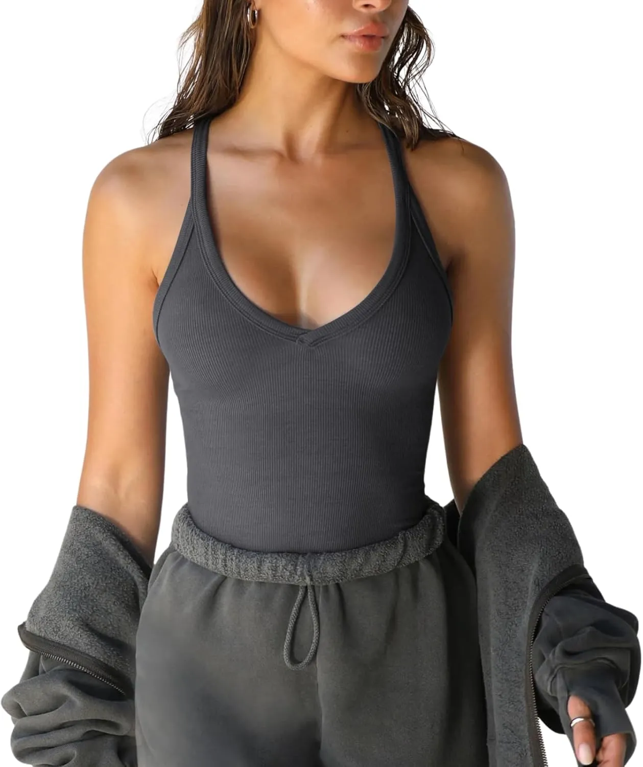 Women's Spaghetti Strap Scoop Neck Tank Top Racerback Slim Fitted Ribbed Camisole Solid Basic Workout Crop Cami