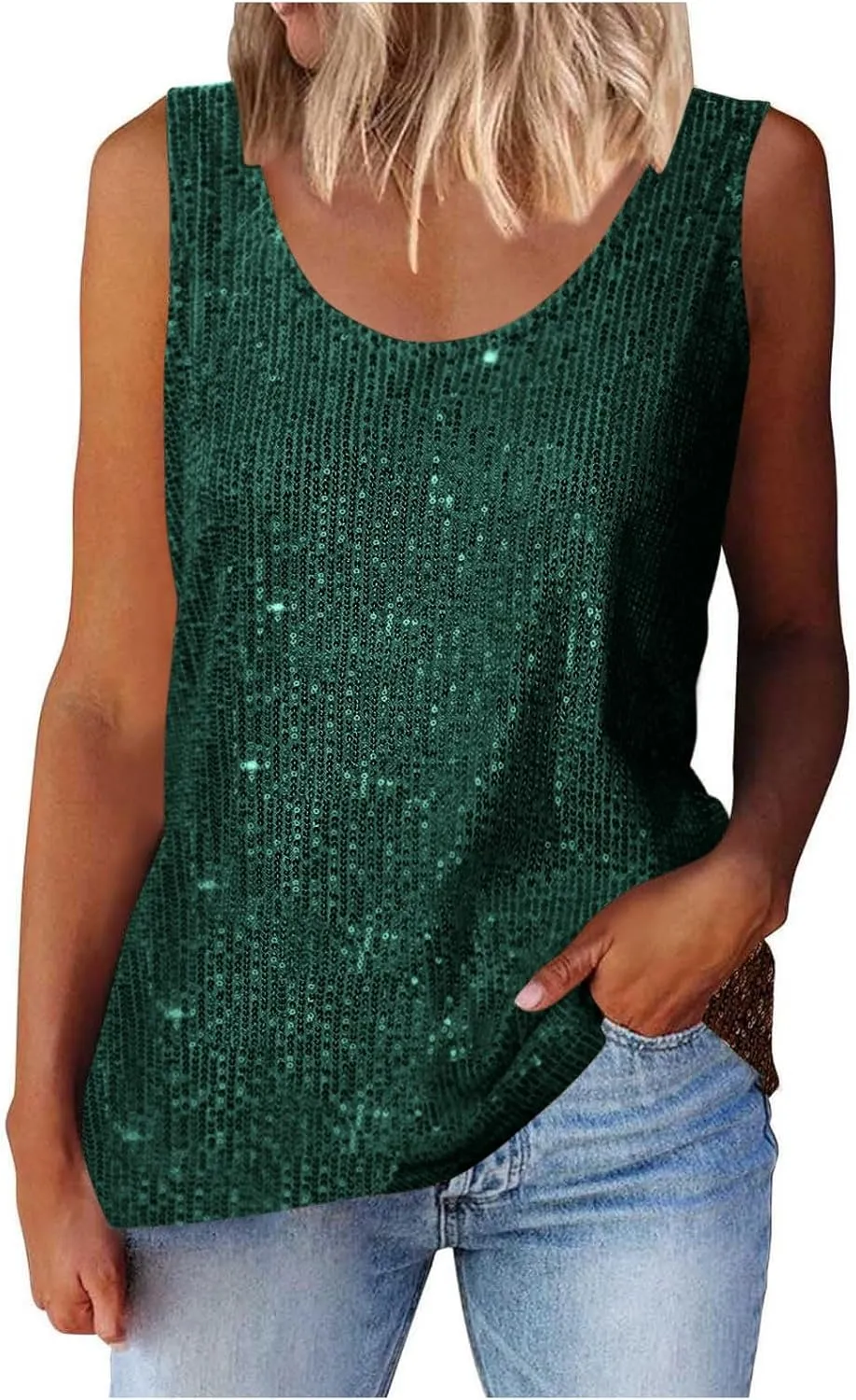 Womens Sparkly Sequin Top Scoop Neck Sparkle Shimmer Glitter Tank Tops Party Camisole Shining Shirts Concert Outfits
