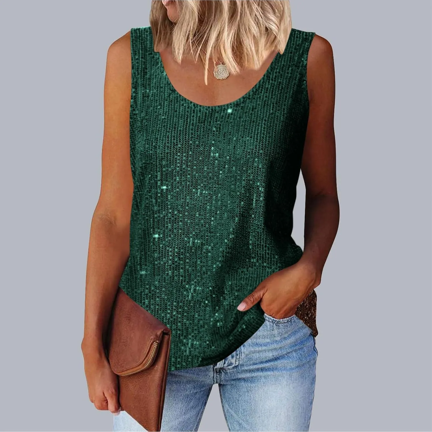 Womens Sparkly Sequin Top Scoop Neck Sparkle Shimmer Glitter Tank Tops Party Camisole Shining Shirts Concert Outfits