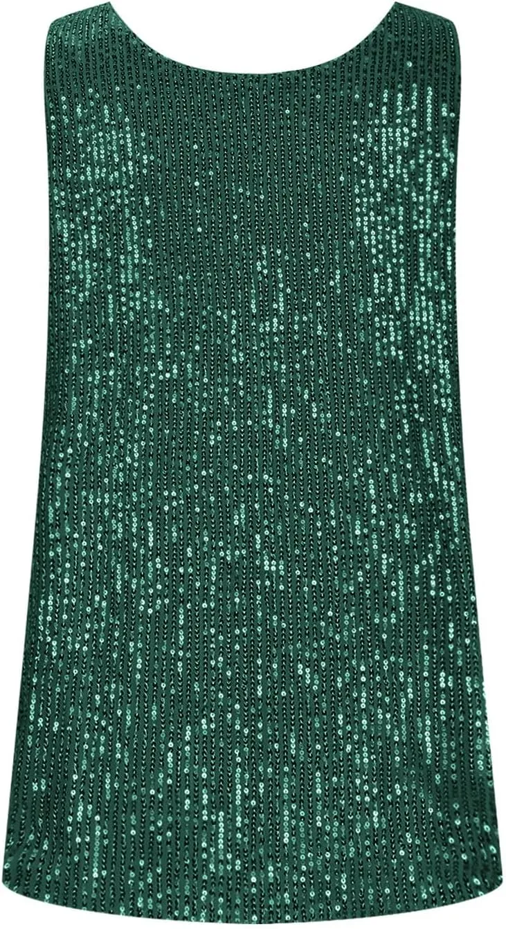 Womens Sparkly Sequin Top Scoop Neck Sparkle Shimmer Glitter Tank Tops Party Camisole Shining Shirts Concert Outfits