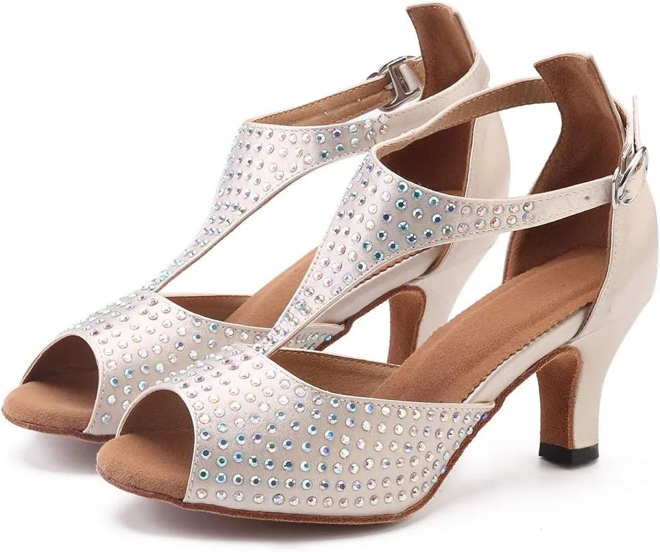 Women's Suede Sole Rhinestone Ballroom Dance Shoes Latin Salsa Performance Dance Shoes 2.5" Heel