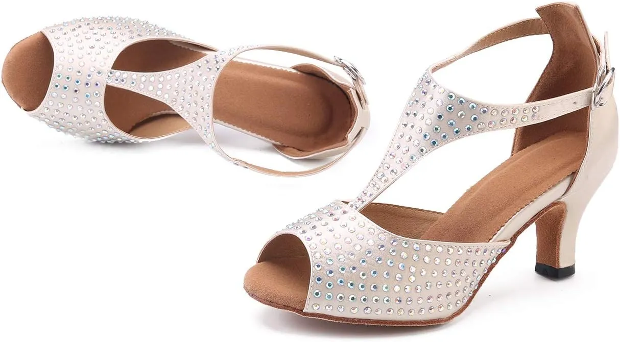 Women's Suede Sole Rhinestone Ballroom Dance Shoes Latin Salsa Performance Dance Shoes 2.5" Heel