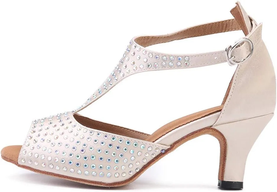 Women's Suede Sole Rhinestone Ballroom Dance Shoes Latin Salsa Performance Dance Shoes 2.5" Heel