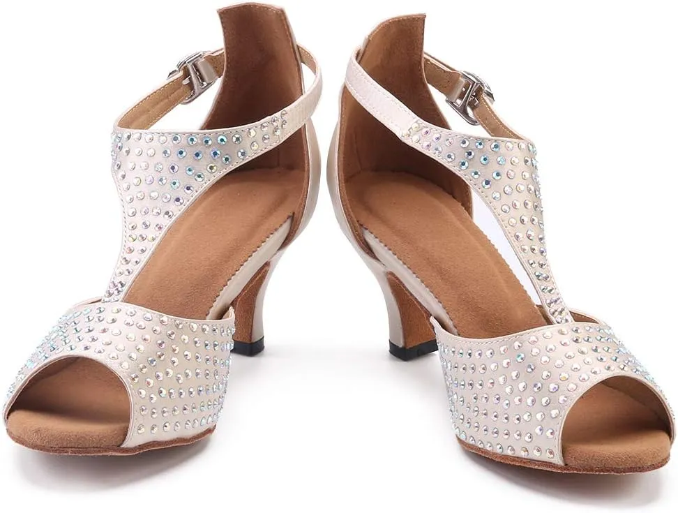 Women's Suede Sole Rhinestone Ballroom Dance Shoes Latin Salsa Performance Dance Shoes 2.5" Heel