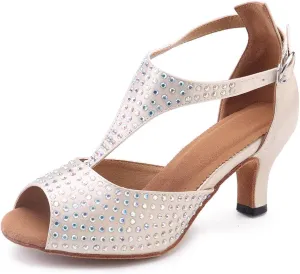 Women's Suede Sole Rhinestone Ballroom Dance Shoes Latin Salsa Performance Dance Shoes 2.5" Heel