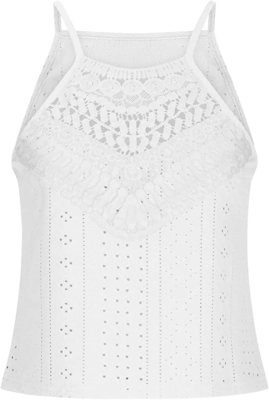 Women's Summer Halter Spaghetti Strap Eyelet Embroidery Sleeveless Tank Tops Lace Patchwork Blouses Shirts Camisole
