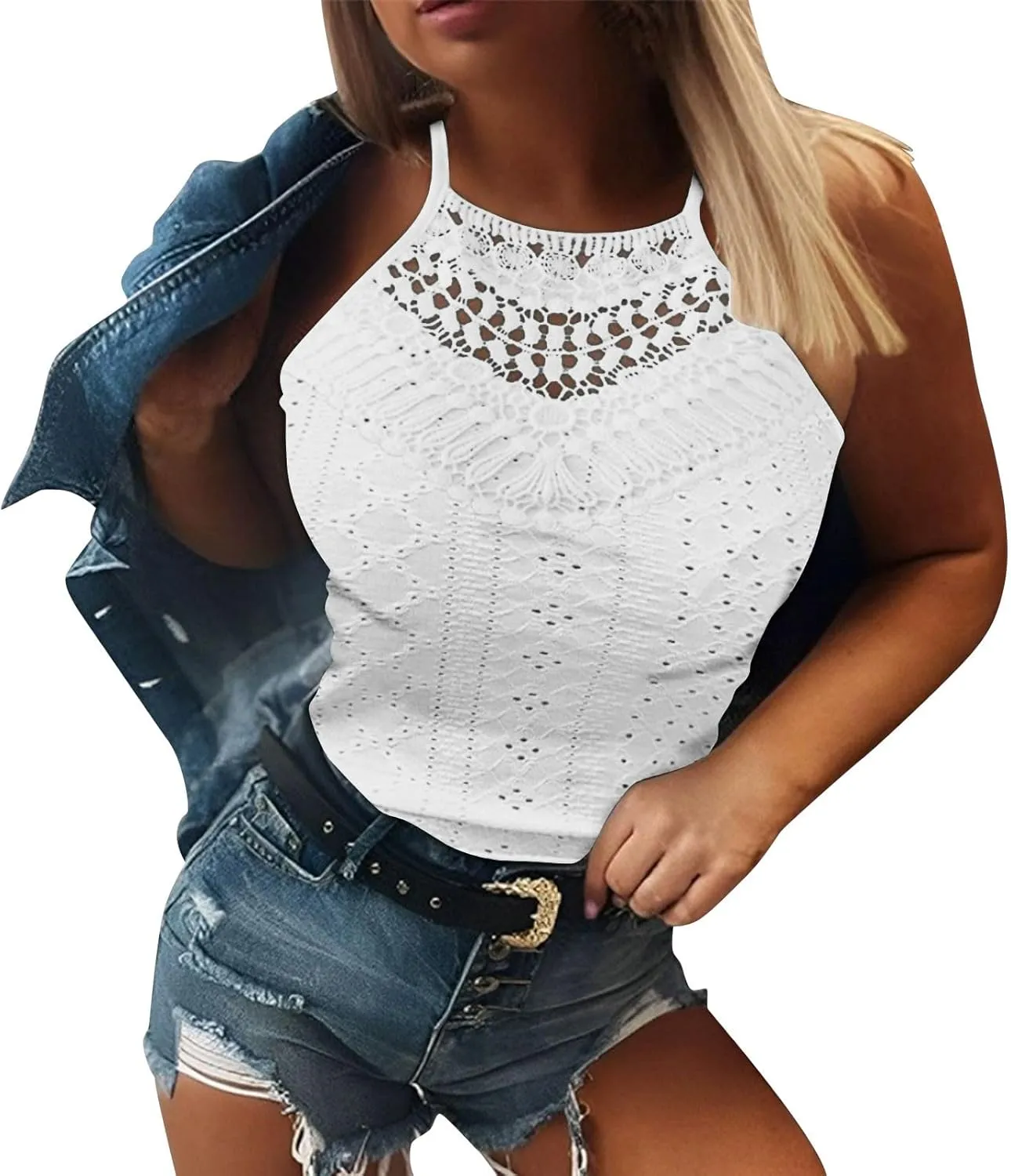 Women's Summer Halter Spaghetti Strap Eyelet Embroidery Sleeveless Tank Tops Lace Patchwork Blouses Shirts Camisole